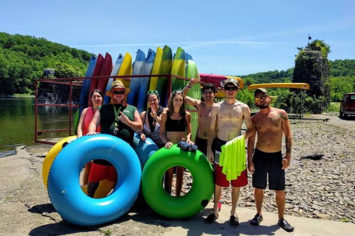 a group of people on a beach