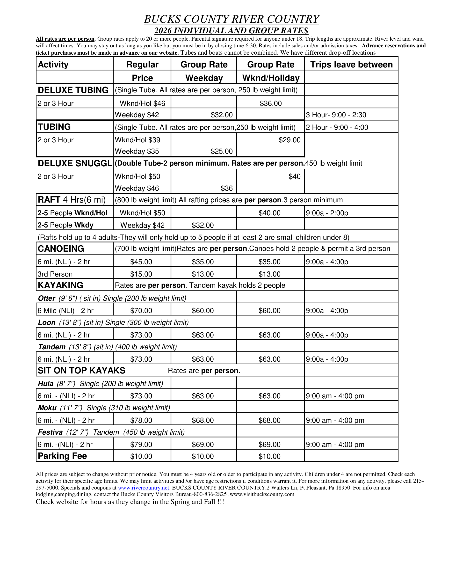 Rate sheet for tubing, rafting, canoeing, and kayaking at Bucks County River Country in 2026.