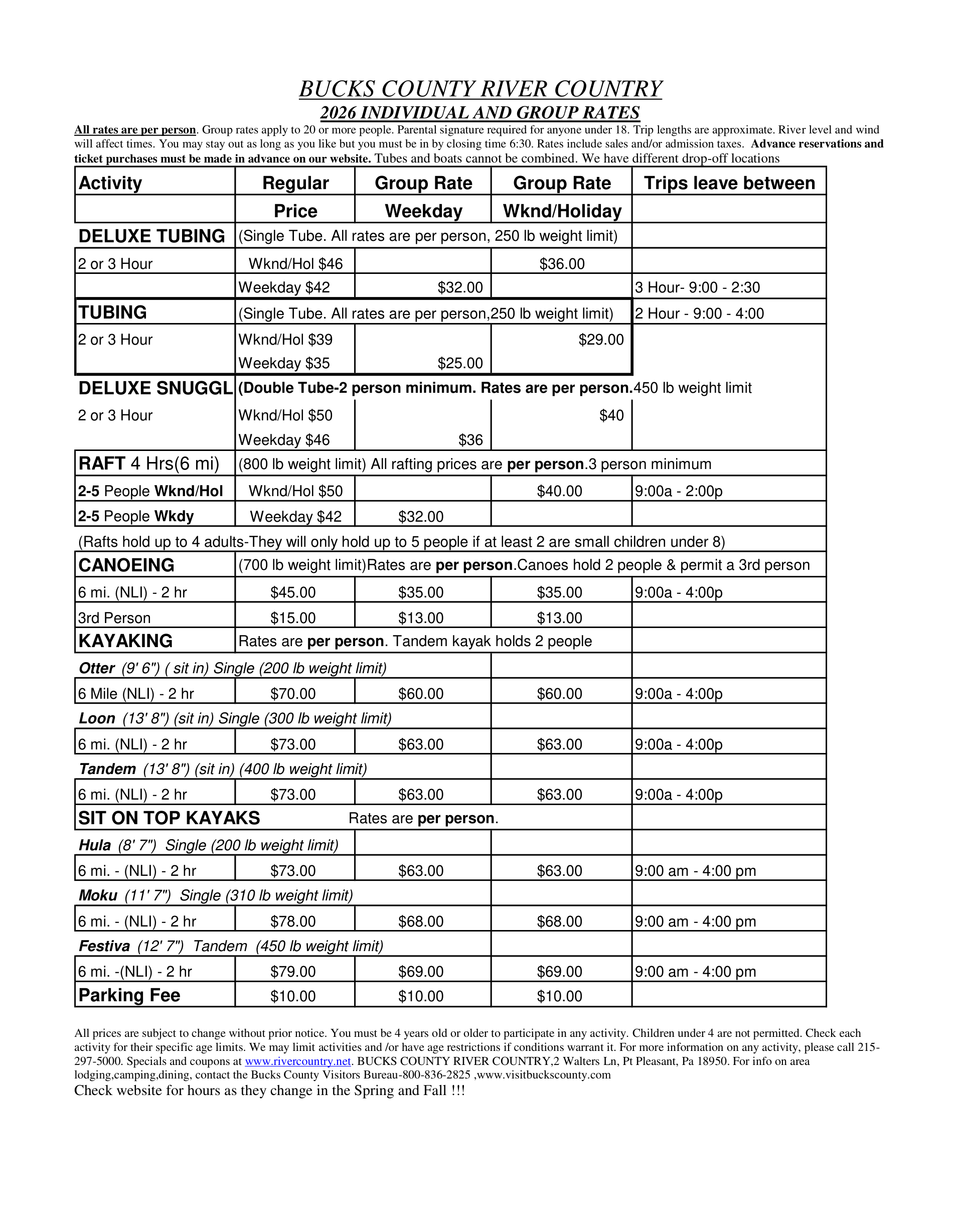 Rate sheet for tubing, rafting, canoeing, and kayaking at Bucks County River Country in 2026.